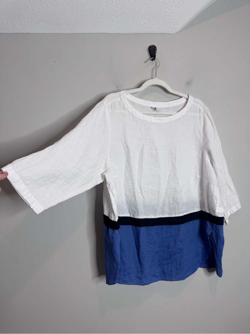 J Jill Love Linen Top 2X Blue White Colorblock Boxy Shirt Womens Coastal